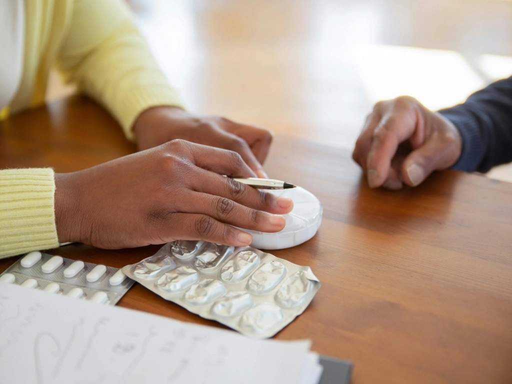 A person holding a pen, with a round pill case, blister packs, and paperwork on a wooden table