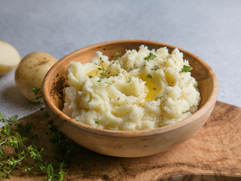 Wooden bowl of creamy mashed potatoes topped with melted butter and herbs on a rustic board