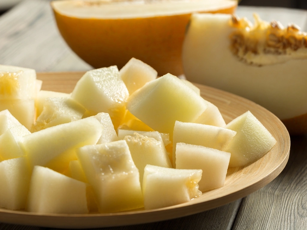 Slices of fresh cantaloupe arranged on a round wooden plate next to wedges of the same fruit