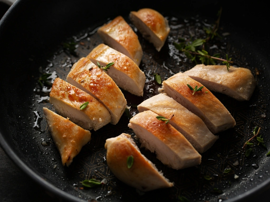 Sliced chicken breast in a black pan with bits of green herbs scattered around