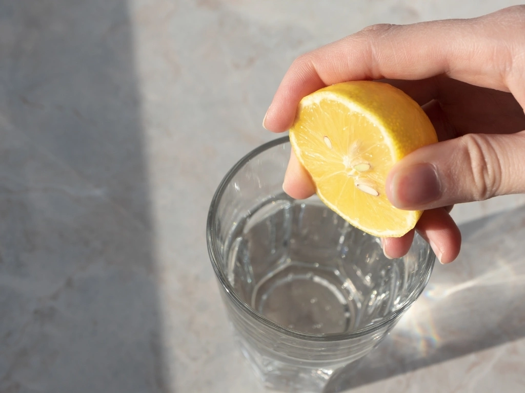 Person squeezing lemon into a glass of water