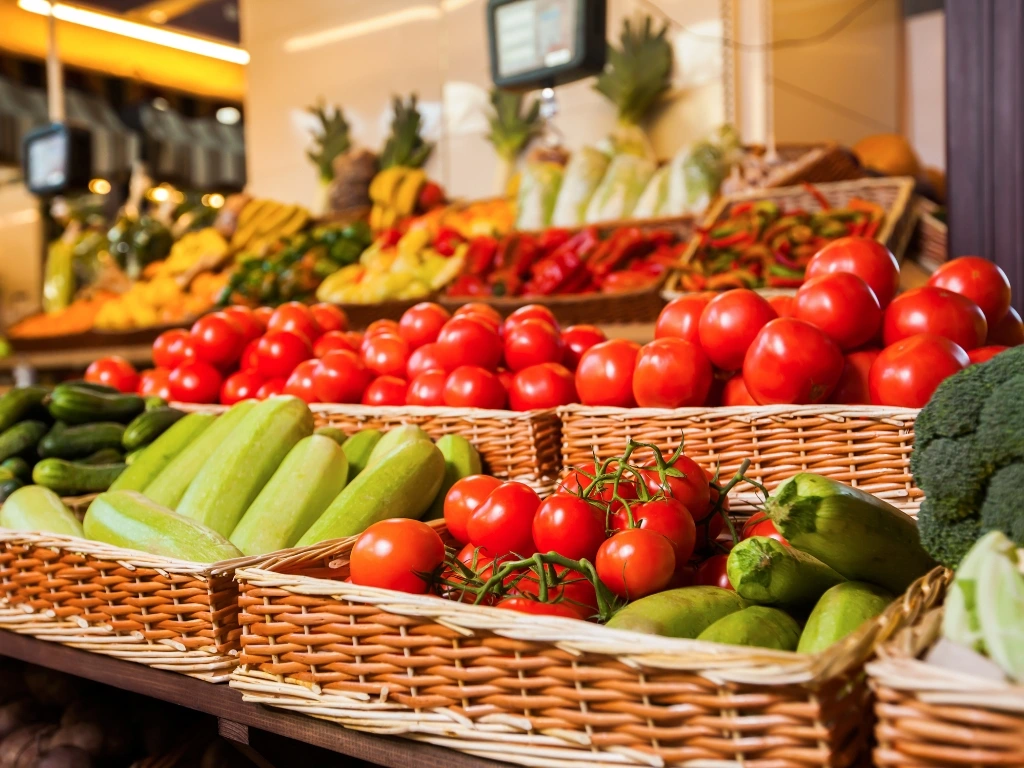 Fresh vegetables and produce displayed in wicker baskets