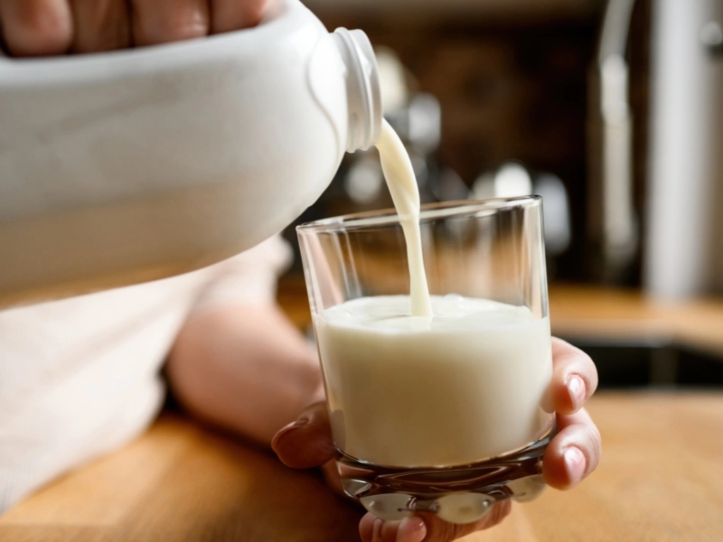 Person pouring milk from a white plastic jug into a clear glass