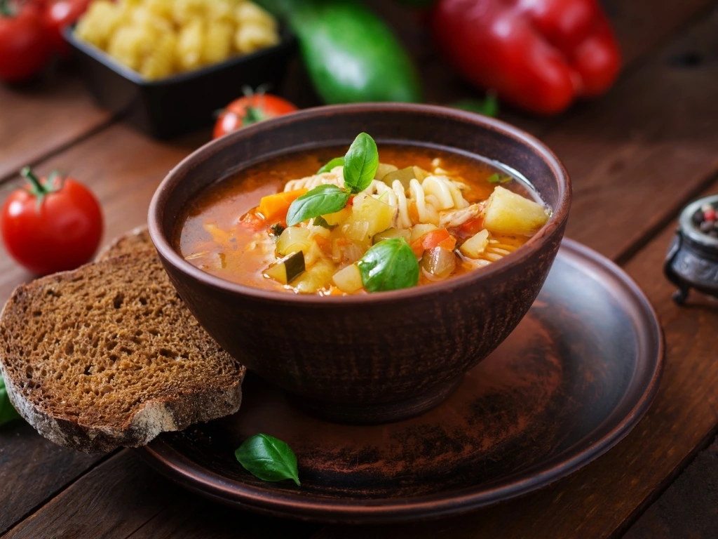 Bowl of vegetable minestrone soup with pasta and basil, served alongside a slice of dark wholegrain bread