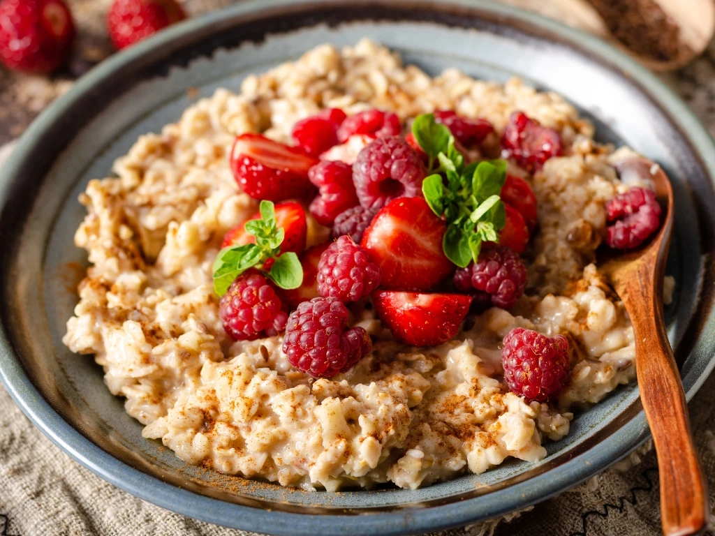 Plate of porridge with fresh berries, served with a wooden spoon on a tablecloth