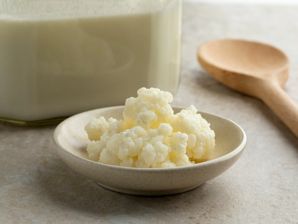 Kefir grains in a small bowl next to a container with milk and a wooden spoon