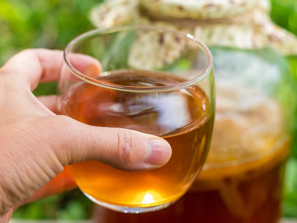 Person holding a glass of kombucha, with a half-filled jar in the background