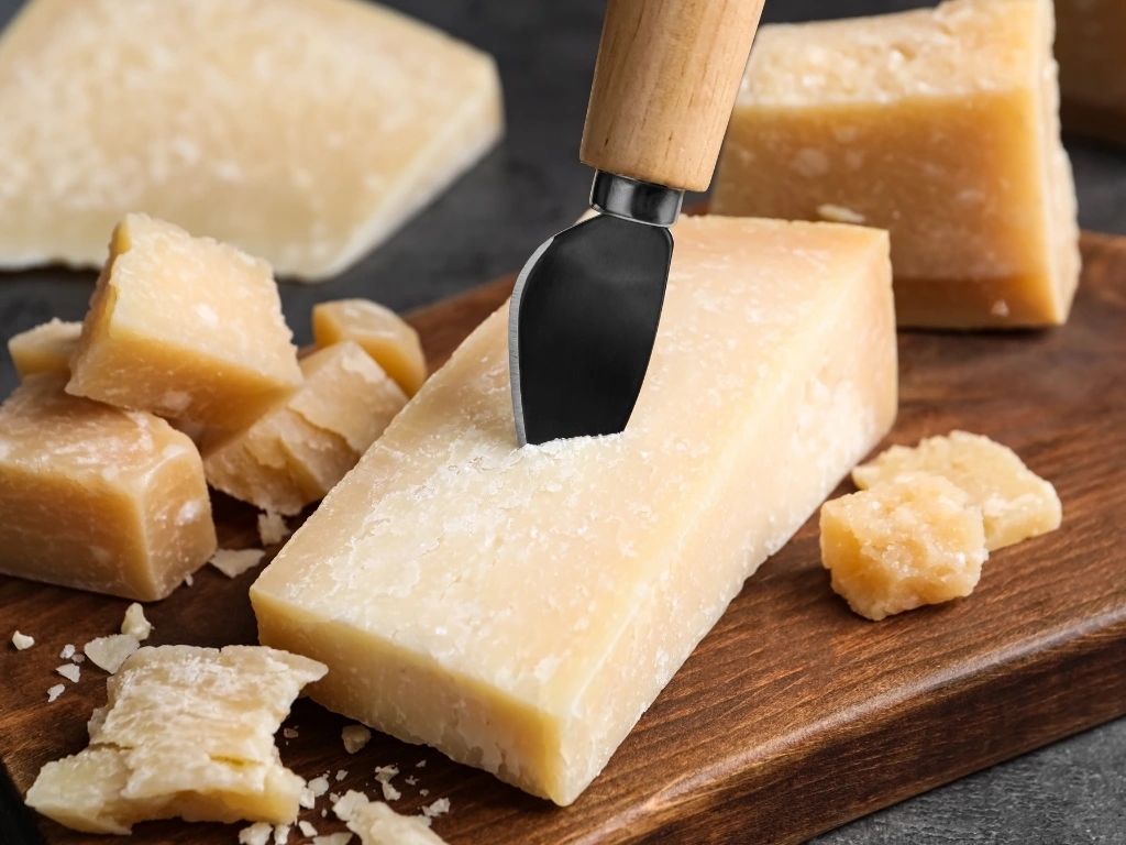 Chunks of Parmesan cheese scattered around a wooden board with a cheese knife