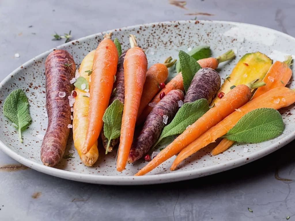 Raw Carrots With Fresh Thyme Herb, With Salt Pepper And Balsamic