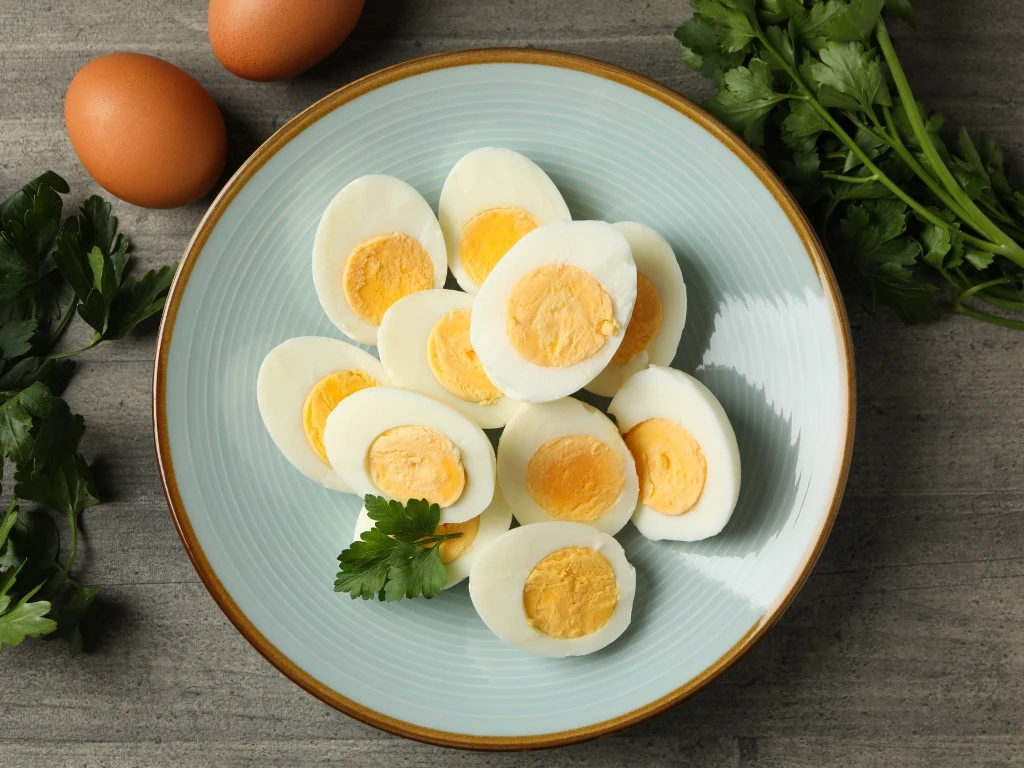 Sliced hard-boiled eggs on a blue plate, served alongside greens and unpeeled eggs