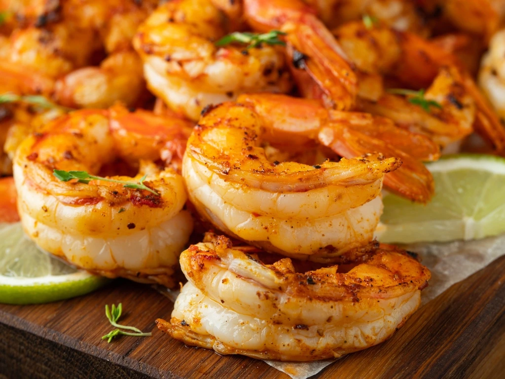 Cooked shrimps served on a wooden board with limes