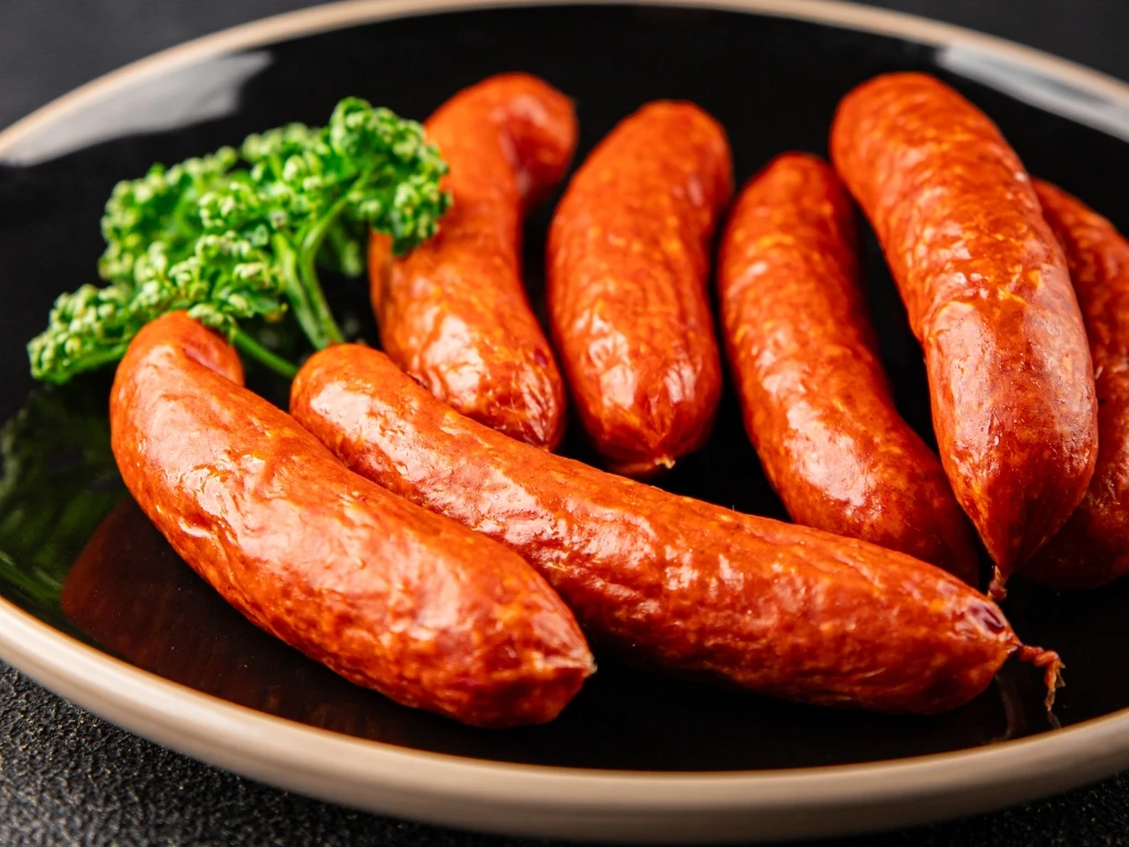 Smoked sausages served on a black plate with a curl of parsley