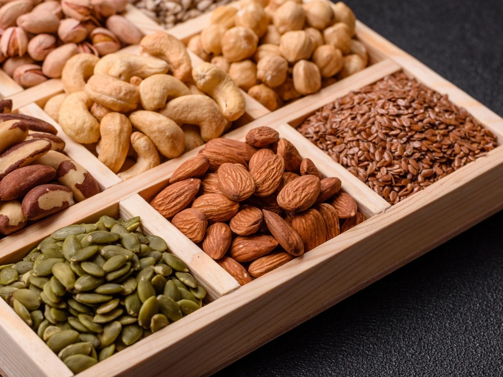 Wooden compartment box filled with a variety of fresh nuts and seeds on a dark surface