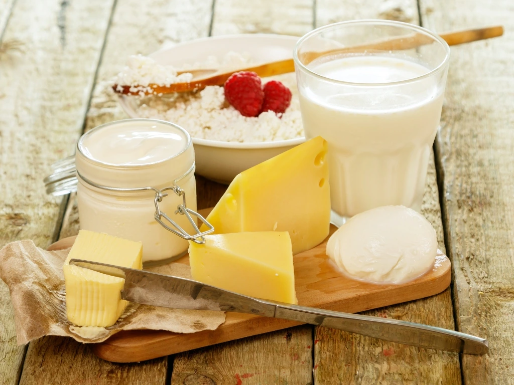 Different types of dairy products, including a glass of milk, a jar of yogurt, a bowl of cheese curd with fruit, and butter and cheeses on a board