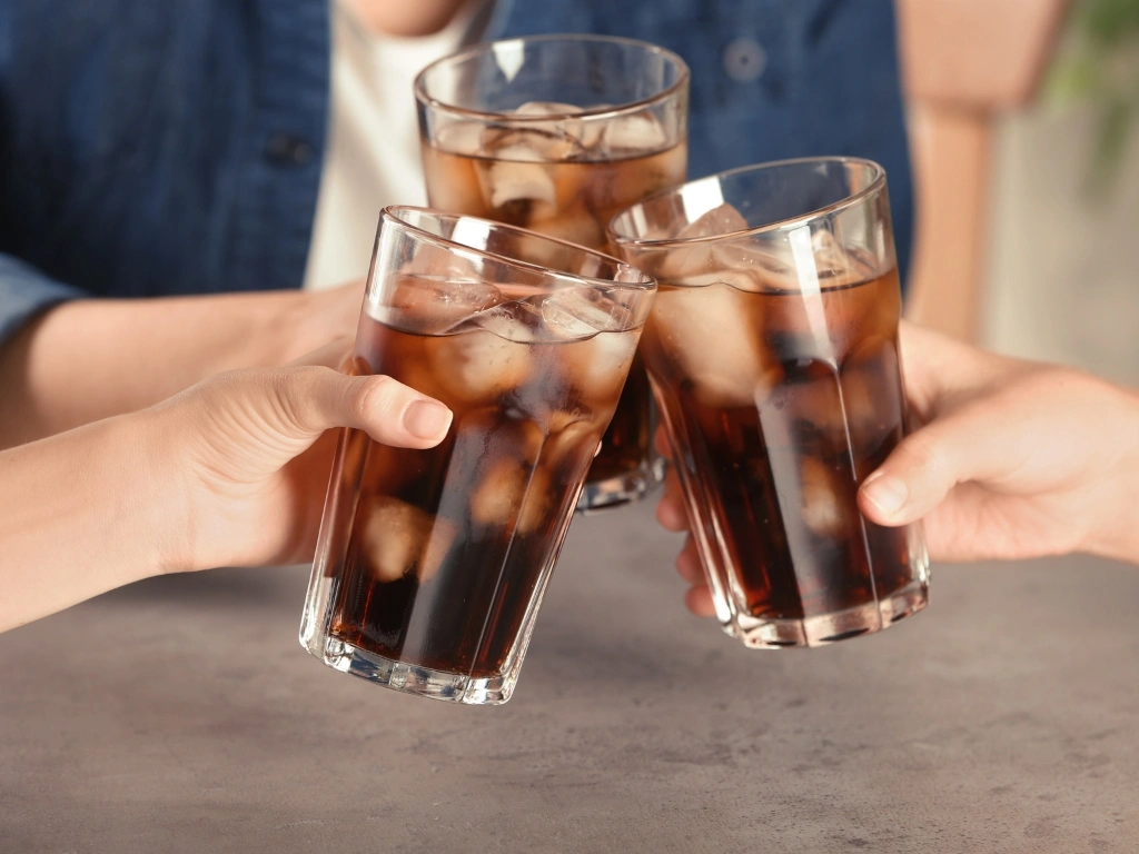 Three individuals toasting their glasses filled with iced soda