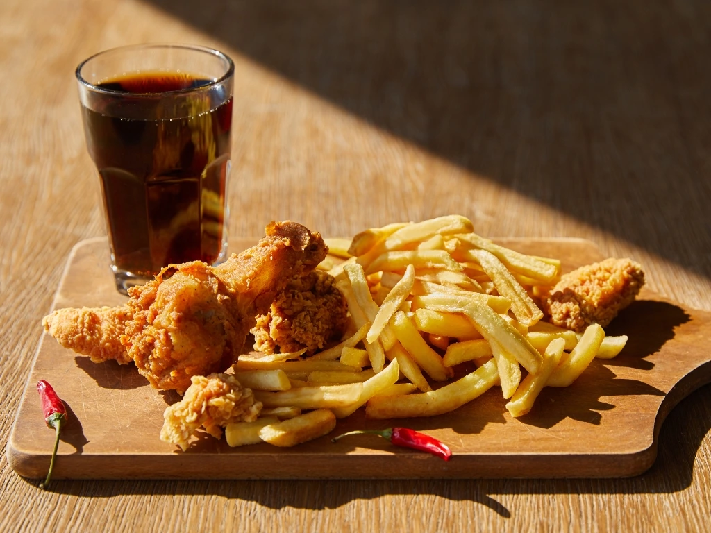 Fried chicken, French fries, red chili peppers, and a glass of soda served on a wooden board