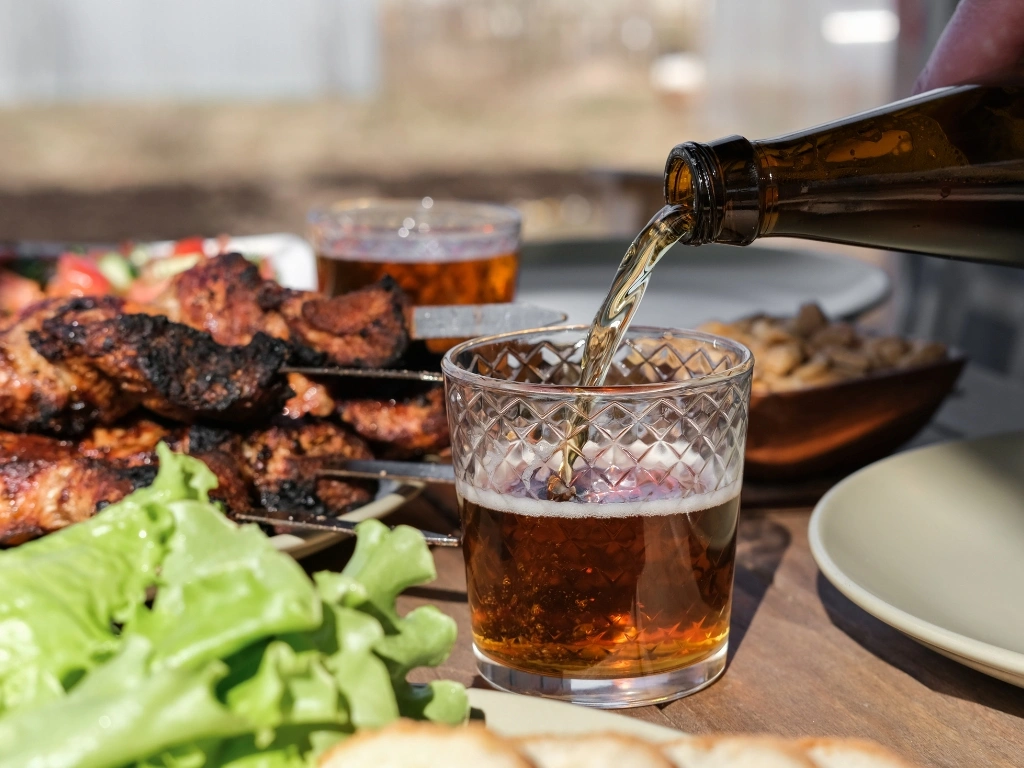 Beer poured into a glass next to platters of grilled meat and leafy greens