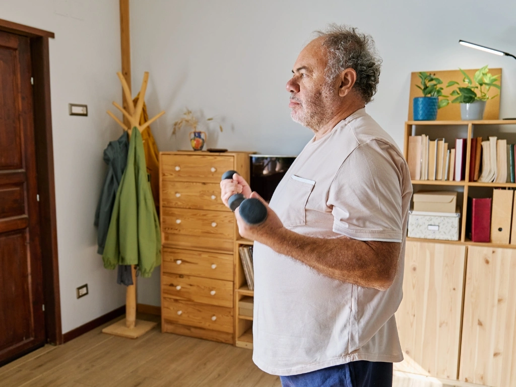 Old man lifting small dumbbells at home