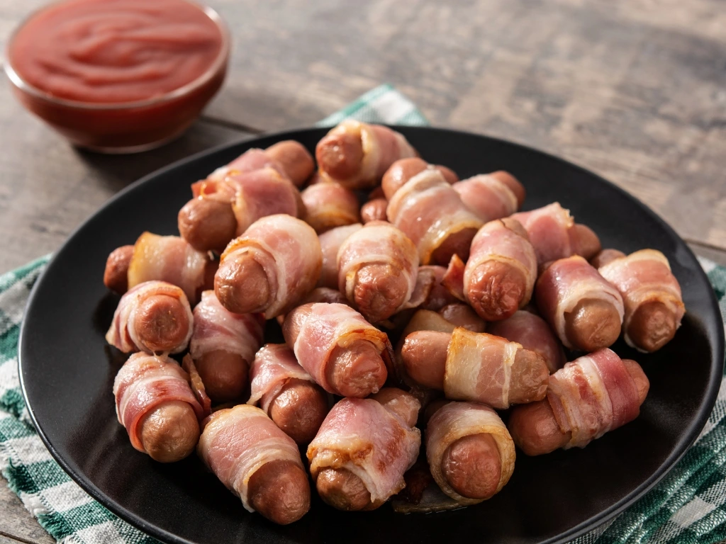 Plate of bacon-wrapped sausages, served alongside a small bown of ketchup
