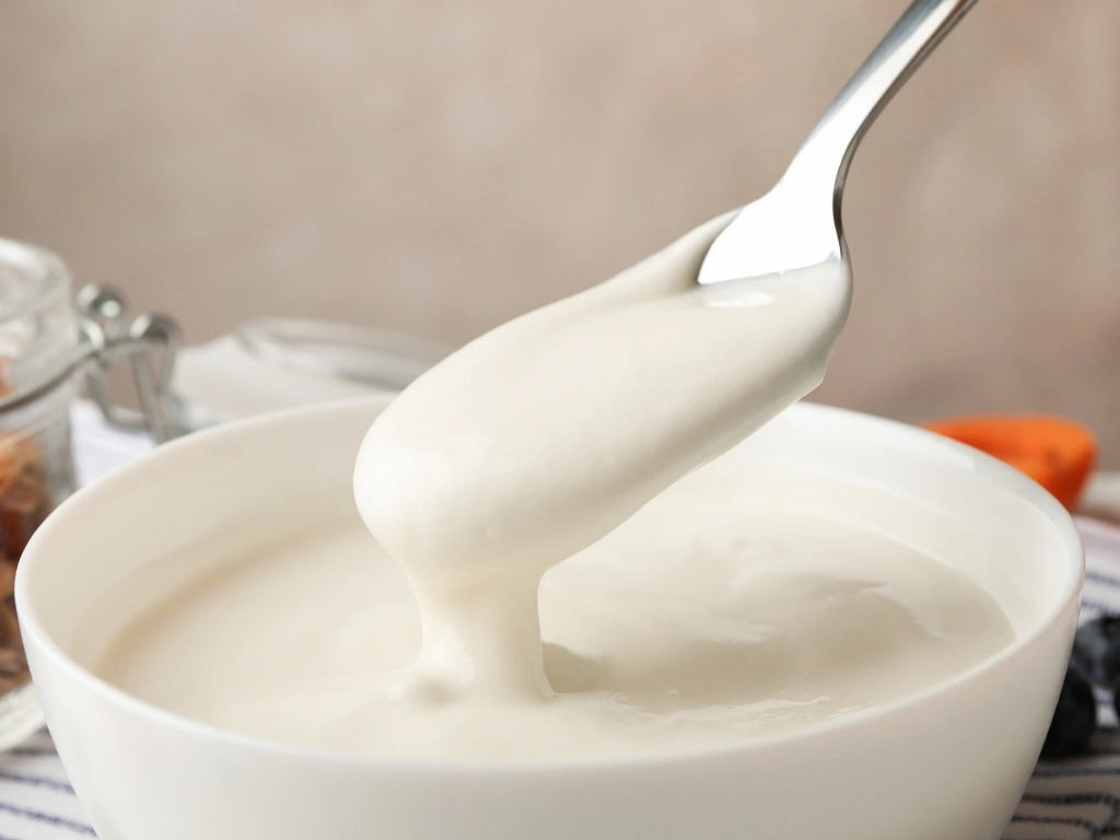 Silver spoon scooping yogurt from a full bowl, with different topping options in the background