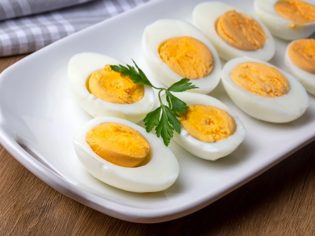 Sliced boiled eggs arranged neatly on a white plate