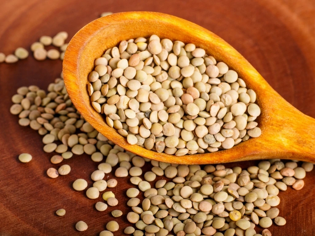 Wooden spoon full of lentils, with extra lentils scattered across a wooden board