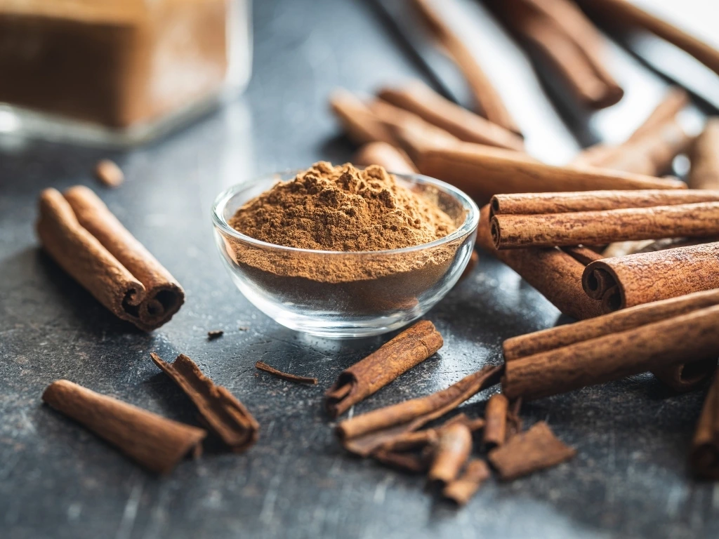Cinnamon powder in a small bowl, with cinnamon sticks across a black countertop