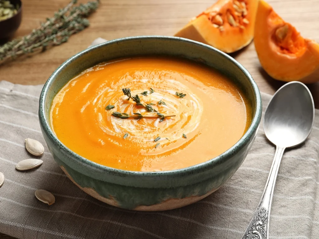 Bowl of pumpkin soup served on a tablecloth next to a spoon, with pumpkin seeds, sliced pumpkin, and herbs across the table
