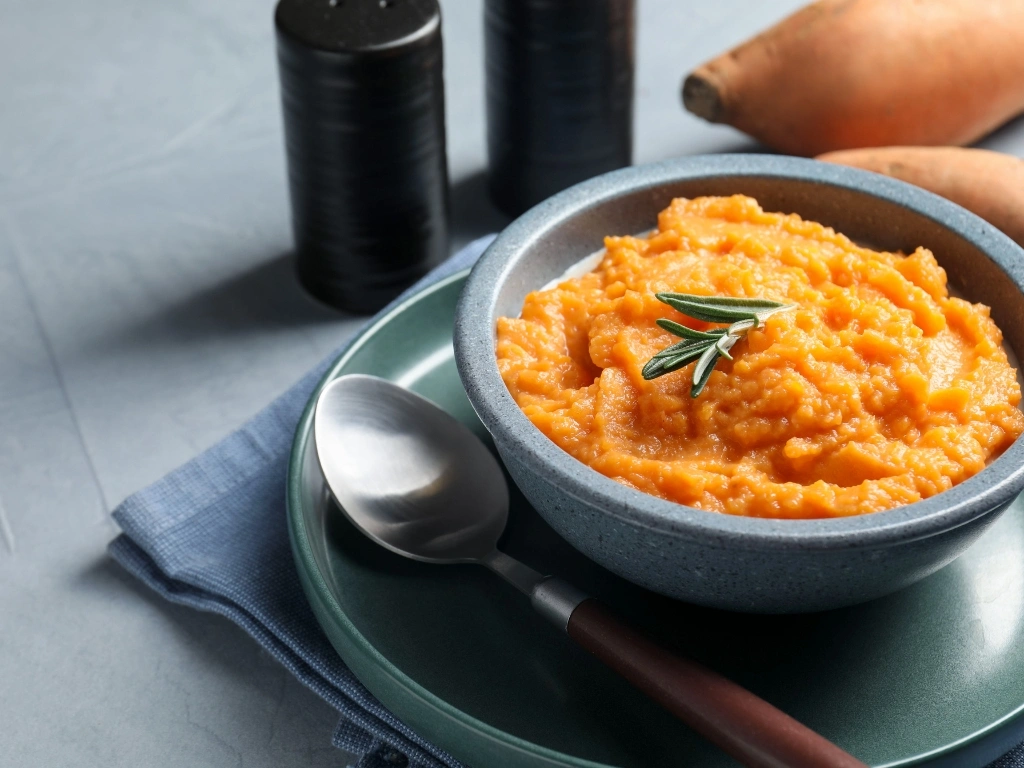 Bowl of mashed sweet potato garnished with rosemary, served on a plate with a spoon, next to raw sweet potatoes and salt-and-pepper shakers