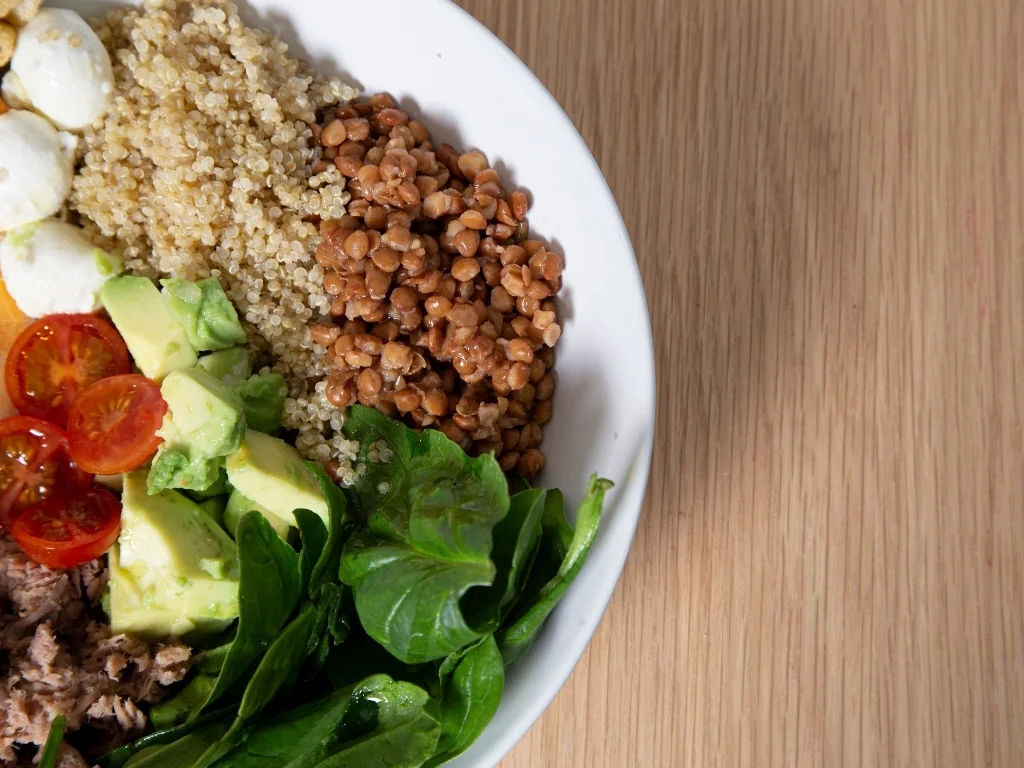 Salad bowl with various healthy ingredients with copy space. Healthy life concept