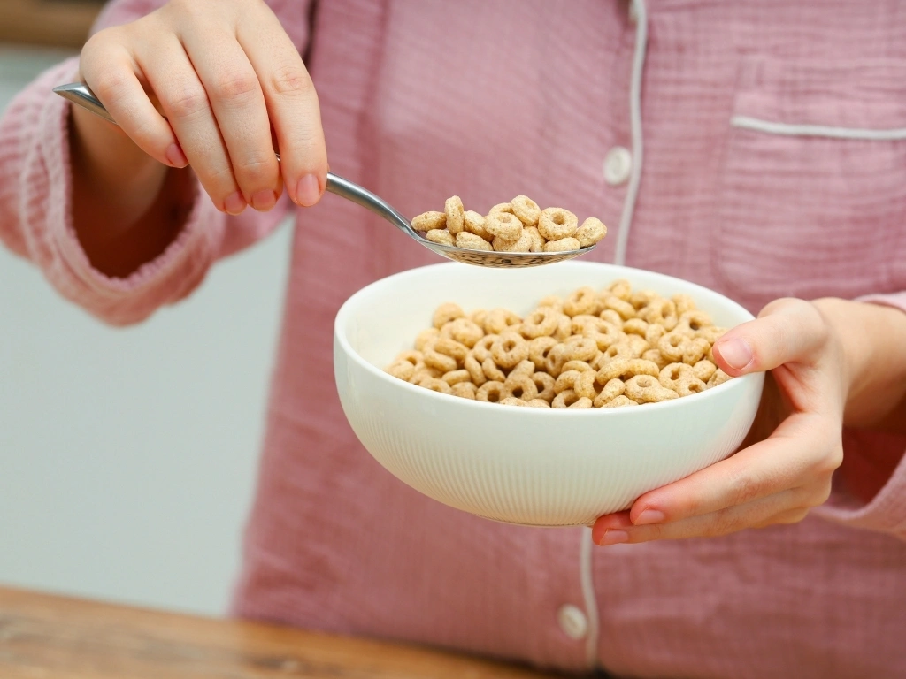 Person scooping a spoonful of breakfast cereal from a bowl