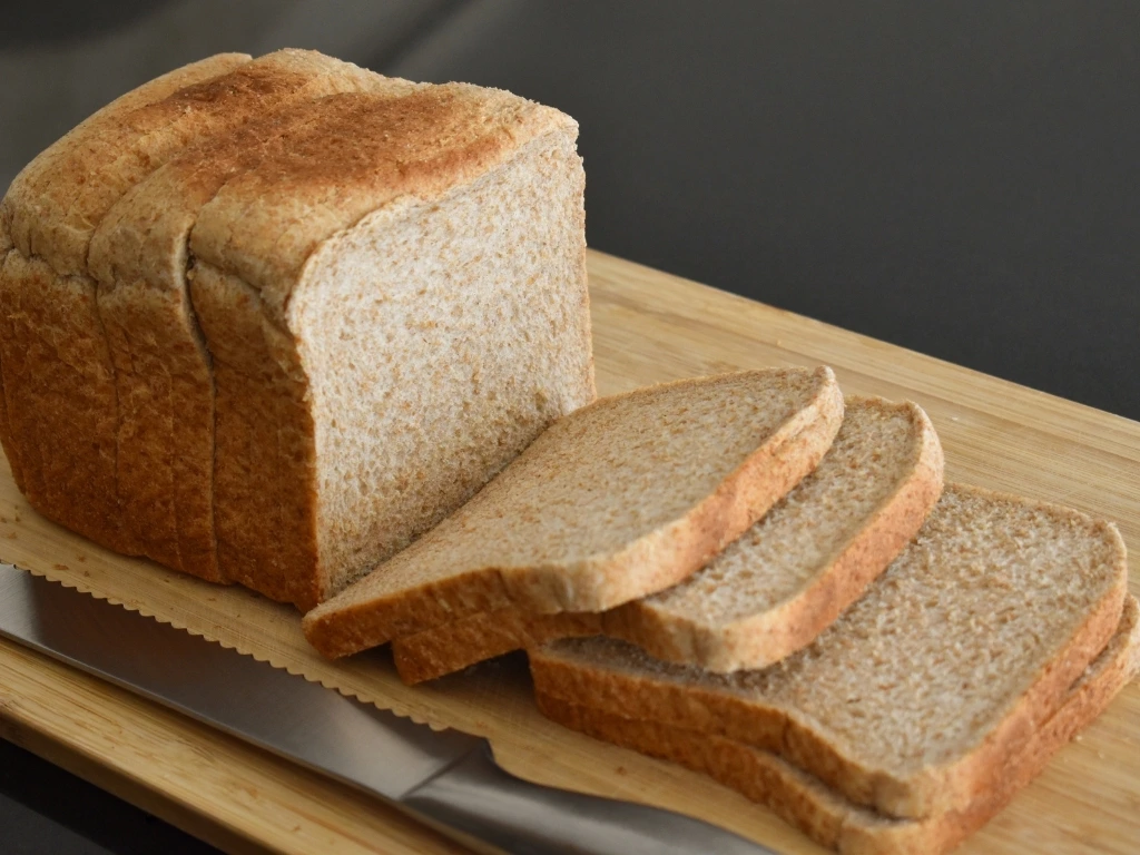 Sliced wheat loaf bread next to a bread knife on a wooden board