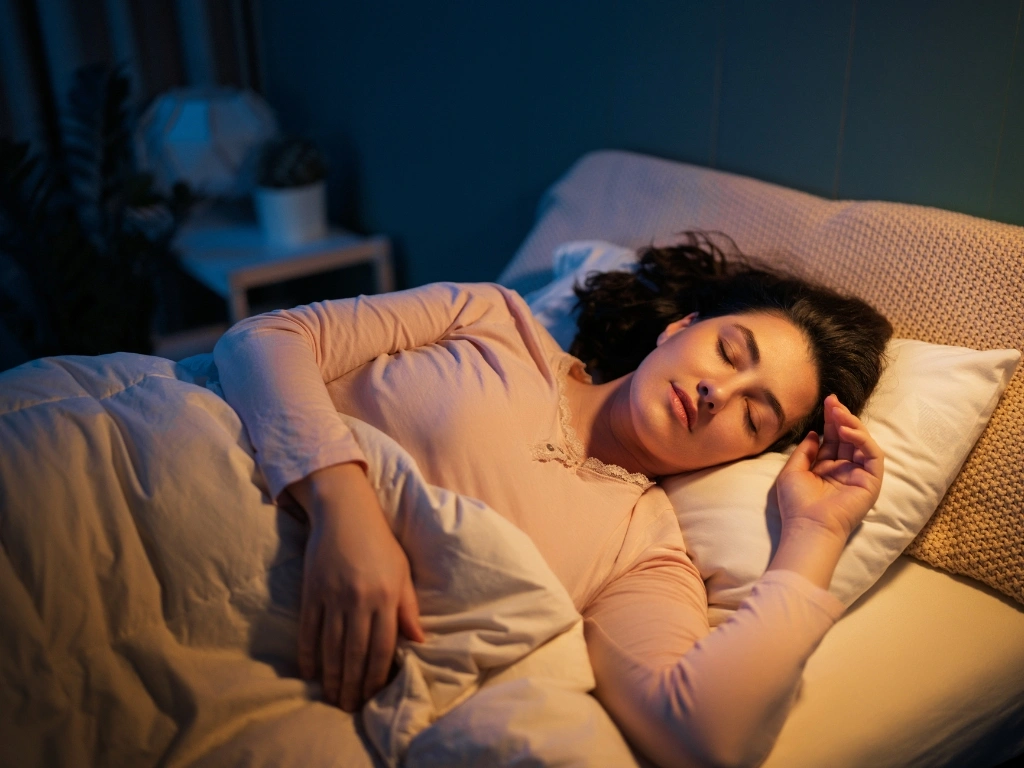 Woman sleeping soundly on a bed, partially covered by a white comforter