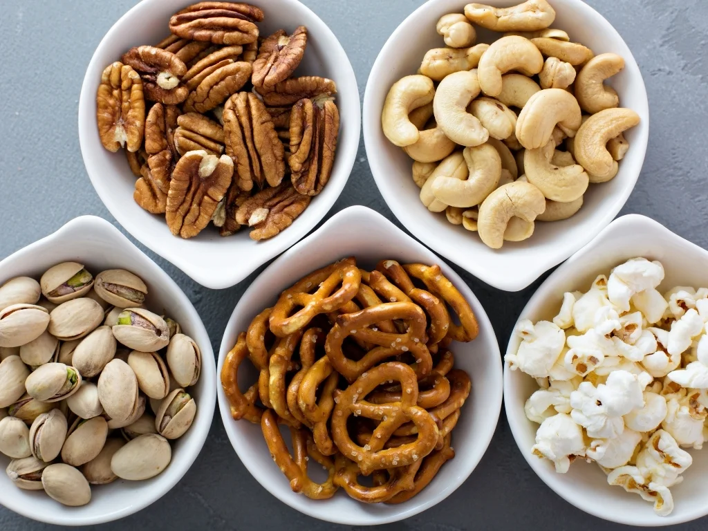 Almonds, peanuts, pistachios, pretzels, and popcorn in separate white bowls