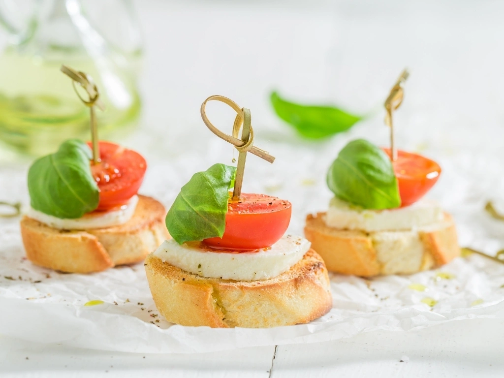Caprese skewers on whole-wheat bread