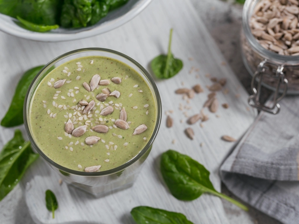 Glass of green kefir smoothie on a wooden board, surrounded by spinach leaves and a jar of sunflower seeds