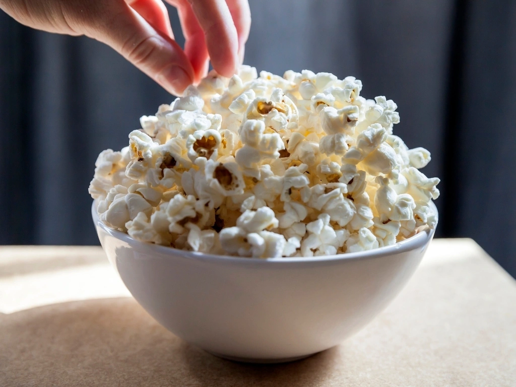 Hand reaching out to grab popcorn from a white bowl