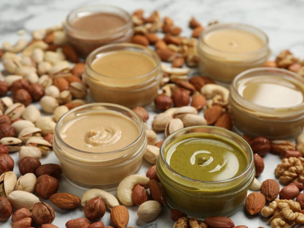 Glass jars of assorted nut butters surrounded by scattered whole nuts
