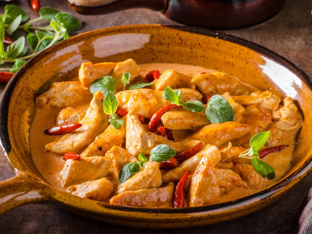Chicken curry garnished with fresh herbs and red chili peppers