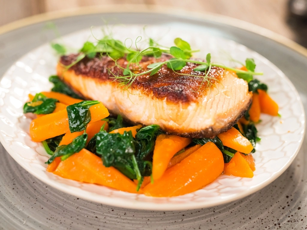 Oven-baked salmon with sweet potato and steamed kale, served with microgreens on a white plate