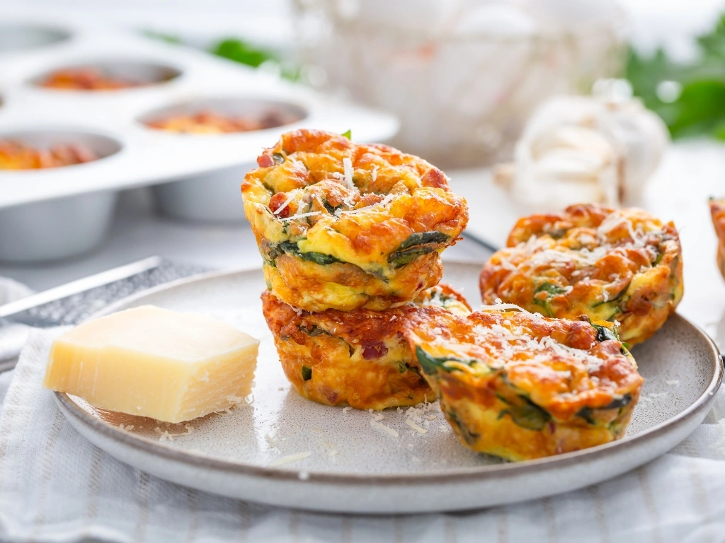 Egg muffins served on a plate alongside a small block of cheese