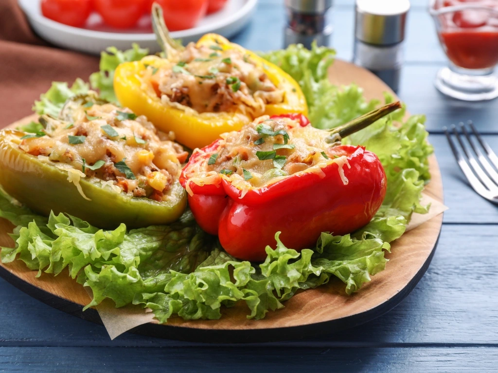 Three tuna-stuffed bell peppers in different colors, served with lettuce on a wooden board