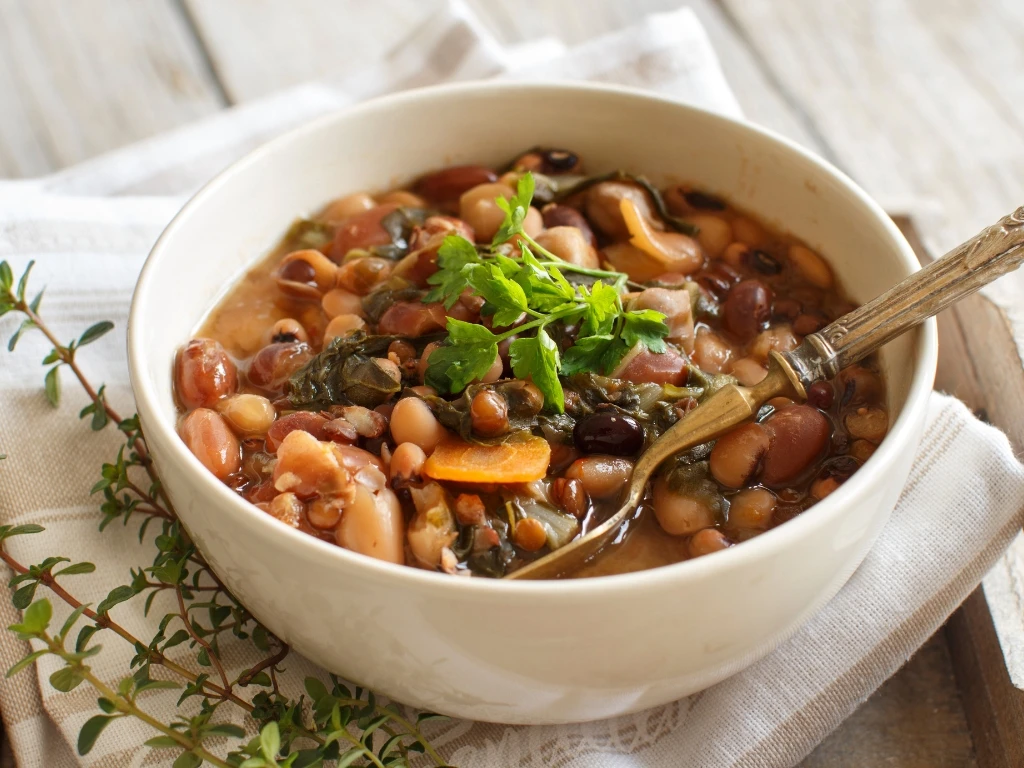 Bowl of bean and vegetable stew, garnished with herbs and served alongside some greens
