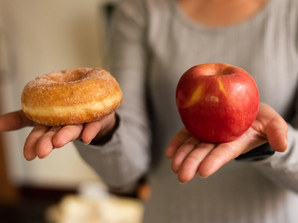 Person holding an apple in one hand and a sugary donut in another