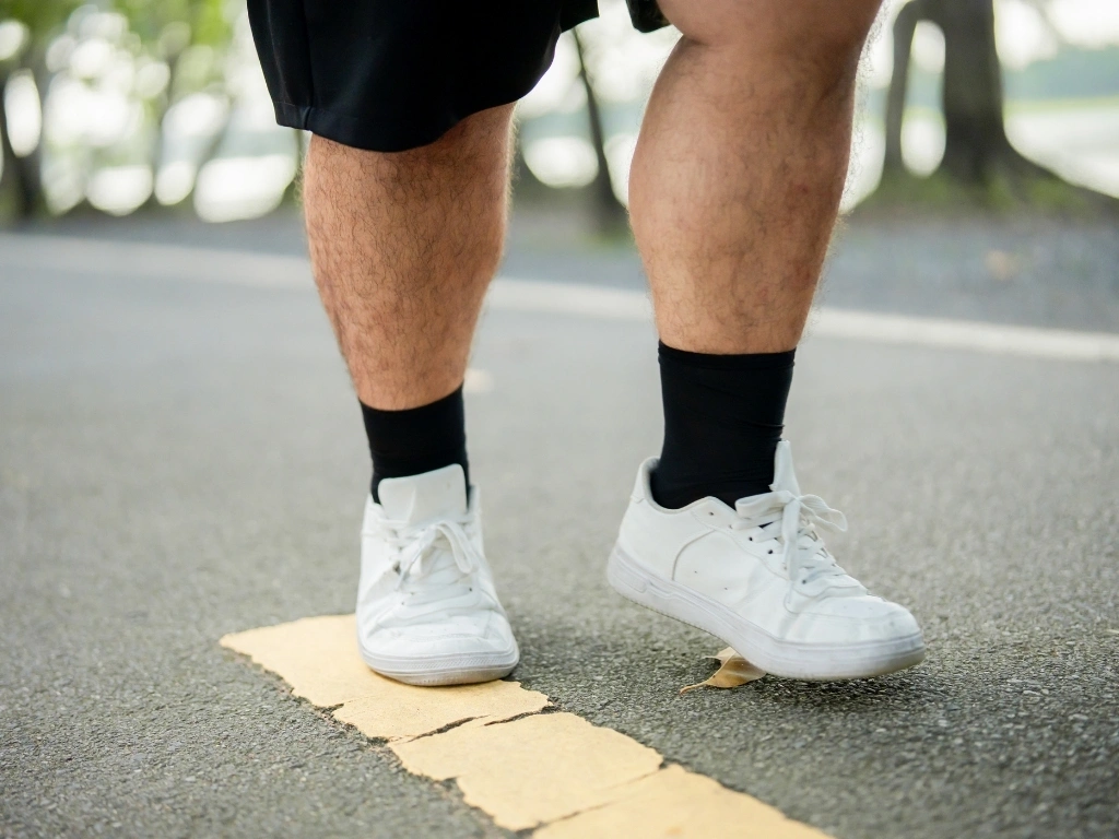 Close-up of a plus-size man's legs while exercising outdoors