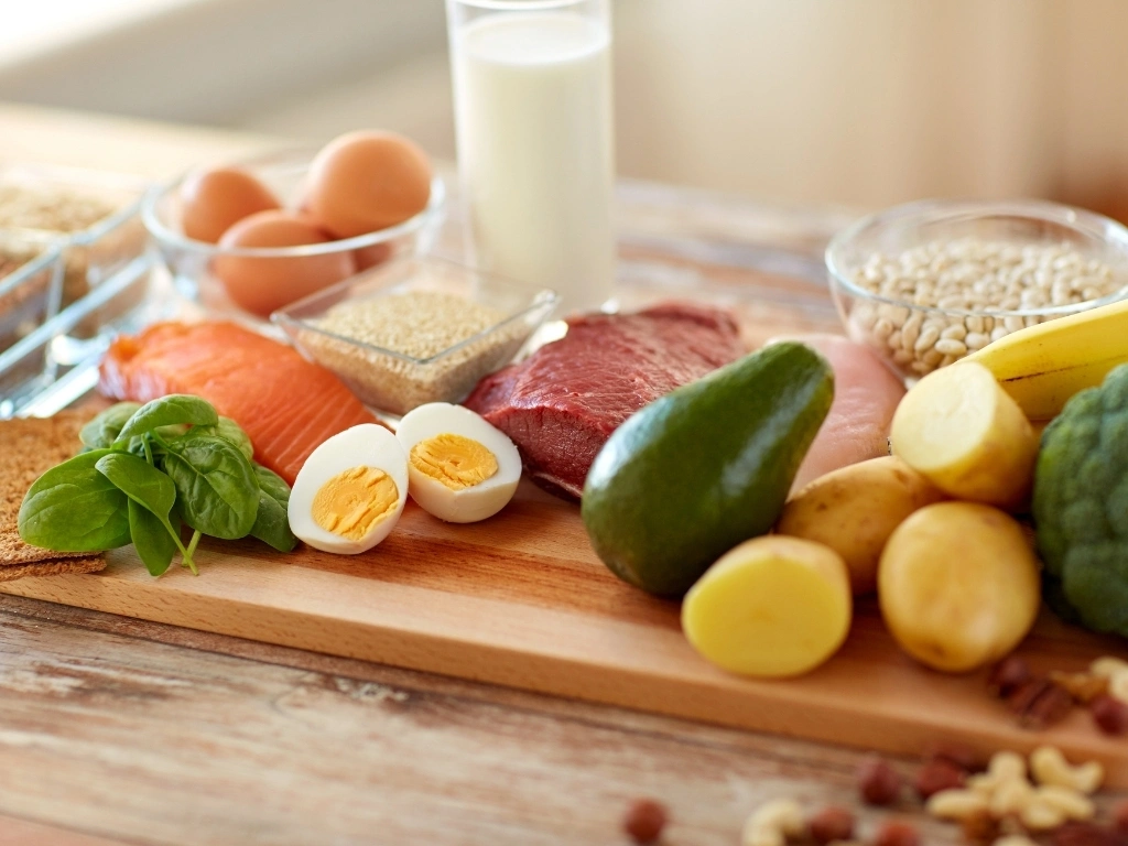 A variety of hypothyroidism-friendly foods, including eggs, salmon, tuna, milk, nuts, and different fruits and vegetables