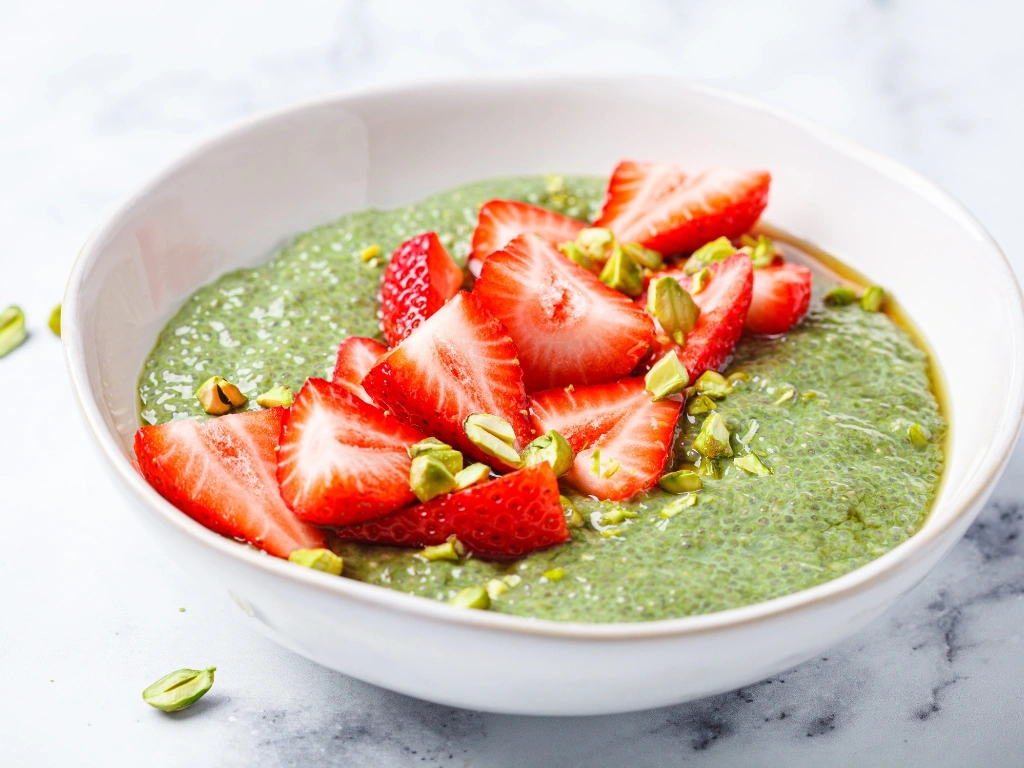 Bowl of matcha chia pudding with strawberries