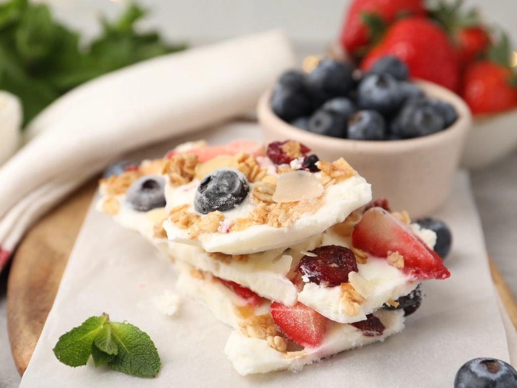 Stack of frozen yogurt bark with blueberries, almonds, granola, and strawberries, served on a wooden board next to bowls of fresh fruits