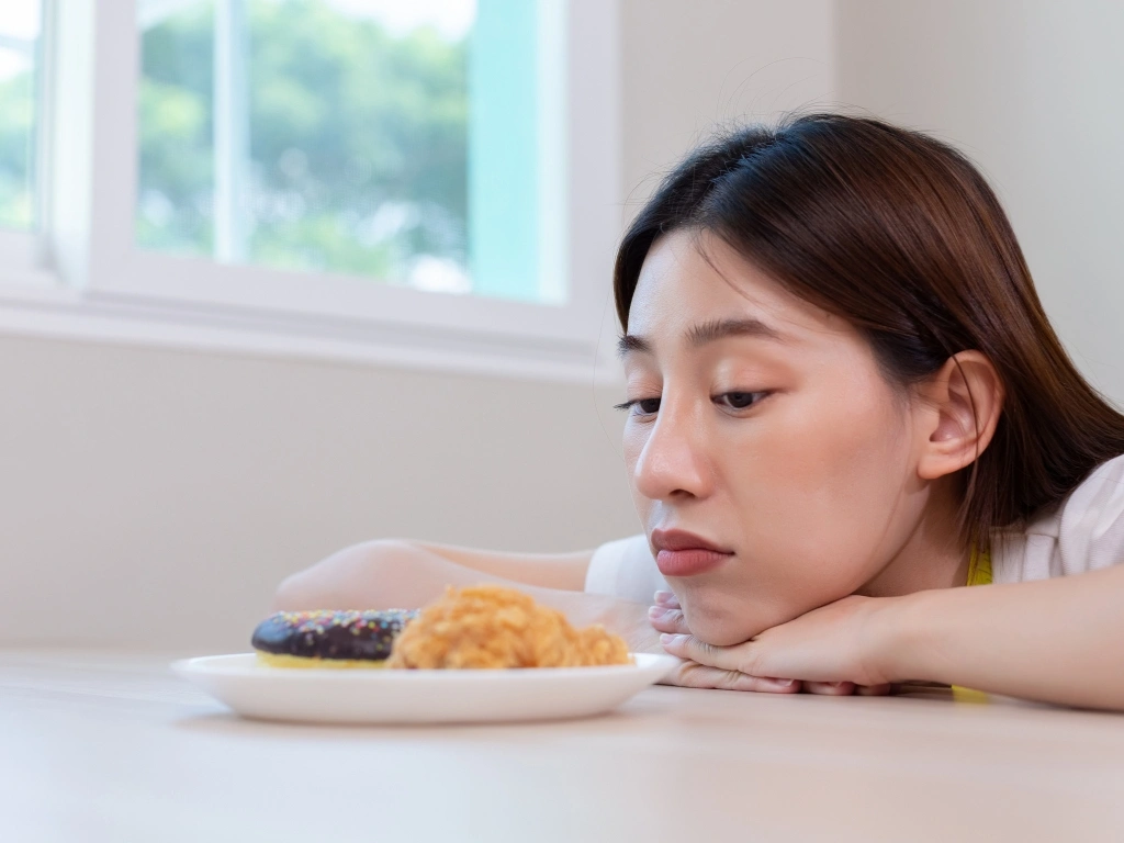 Woman rests her head on her hands as she looks at a plate of chocolate donut and fried pastry
