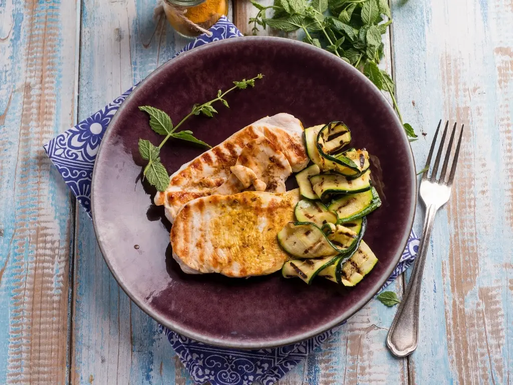 Plate of grilled chicken breast and zucchini, next to a fork